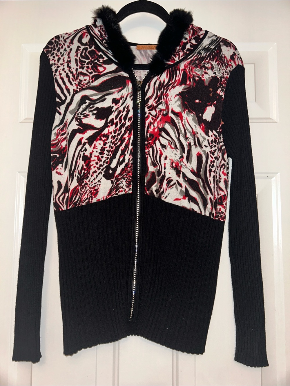 Belldini Animal Print Y2K Zip Cardigan XL Stretch Hooded Rabbit Fur Trim Glam
